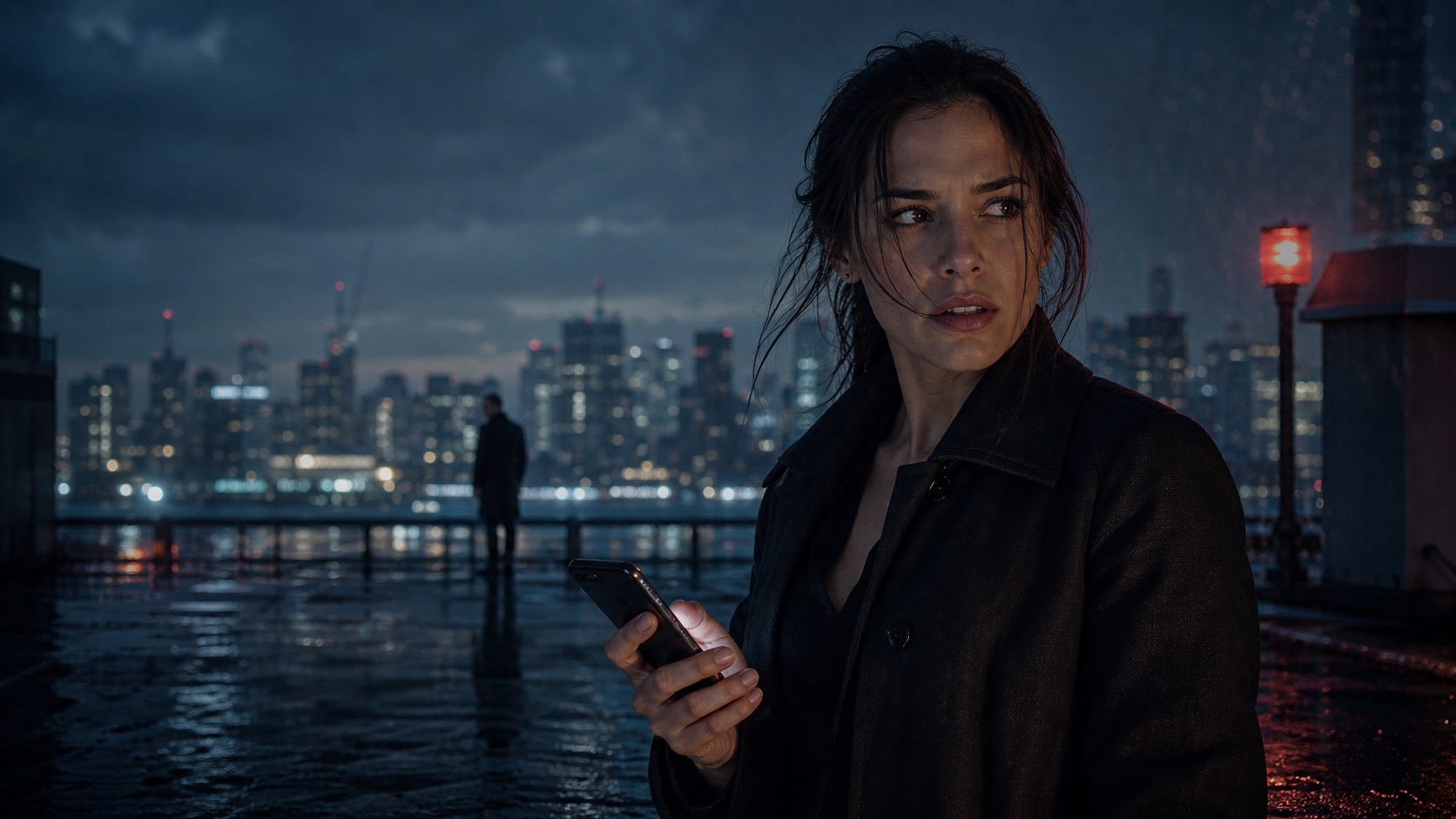 A journalist on a rain-soaked rooftop in the fictional series Eleven Minutes