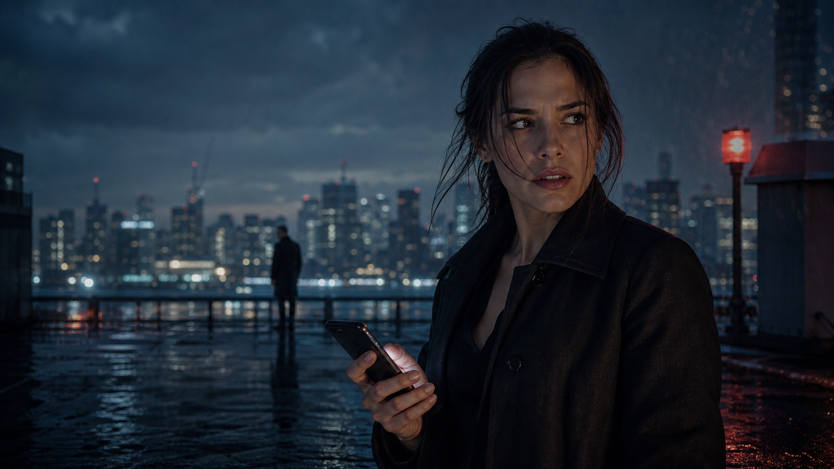 A journalist on a rain-soaked rooftop in the fictional series Eleven Minutes